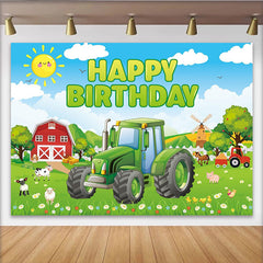 Lofaris Grüner Traktor Happy Birthday Hintergrund für Kinder, mit Bauernhoftieren und Scheune, fröhliche Partydekoration für Fotoshootings