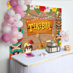 Lofaris Bunter Tiki-Party-Hintergrund mit Hawaii-Blumen und Masken, fröhliches Hintergrundbild für Sommerfeste und Event-Dekoration