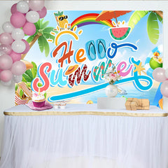 Lofaris Lebhafter Hello Summer Strand Fotohintergrund mit Palmen und Meer, fröhliche Kulisse für Sommerpartys und Urlaubsfotoshootings