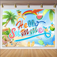 Lofaris Lebhafter Hello Summer Strand Fotohintergrund mit Palmen und Meer, fröhliche Kulisse für Sommerpartys und Urlaubsfotoshootings