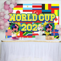 Lofaris Fußballturnier 2026 Hintergrund mit Flaggen und Bällen, farbenfrohe Sport-Kulisse für Fanpartys und Fotostudio-Dekoration