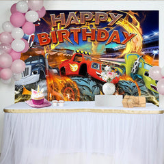 Lofaris Actionreicher Happy Birthday Monster-Truck-Geburtstagshintergrund für Jungen, lebendige Partykulisse für Kinderfeste und Fotoshootings