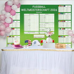 Lofaris Grüner Fußball-WM 2026 Spielplan Hintergrund mit Flaggen, sportliche Kulisse für Fan-Partys und Events