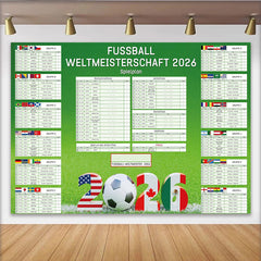 Lofaris Grüner Fußball-WM 2026 Spielplan Hintergrund mit Flaggen, sportliche Kulisse für Fan-Partys und Events