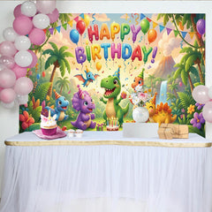 Lofaris Bunter Dinosaurier-Geburtstagshintergrund für Kinderparty, Dschungel-Fotokulisse mit Vulkan und Kuchen für tolle Kinderfotos