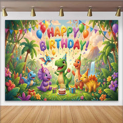 Lofaris Bunter Dinosaurier-Geburtstagshintergrund für Kinderparty, Dschungel-Fotokulisse mit Vulkan und Kuchen für tolle Kinderfotos