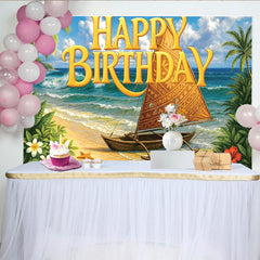 Lofaris Tropischer Happy Birthday Hintergrund mit Palmen und Meer, perfekte Fotokulisse für sommerliche Partys und Fotoshootings