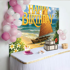 Lofaris Tropischer Happy Birthday Hintergrund mit Palmen und Meer, perfekte Fotokulisse für sommerliche Partys und Fotoshootings