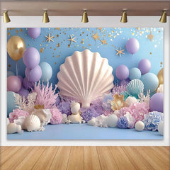 Lofaris Pastellfarbener Meerjungfrau Hintergrund mit Muscheln und Seesternen, elegante Fotowand für Babyfotoshooting und Kinderparty