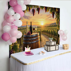 Lofaris Rustikaler Weinberg-Sonnenuntergang Fotohintergrund mit Weinfässern und Trauben, elegante Kulisse für Weinproben und Fotoshootings