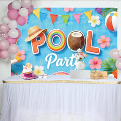 Lofaris Blauer Sommer Pool Fotohintergrund mit Wimpeln, bunte Kulisse für Fotoshootings und sommerliche Partydekoration