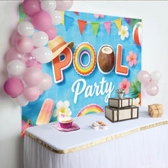 Lofaris Blauer Sommer Pool Fotohintergrund mit Wimpeln, bunte Kulisse für Fotoshootings und sommerliche Partydekoration