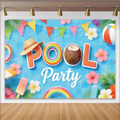 Lofaris Blauer Sommer Pool Fotohintergrund mit Wimpeln, bunte Kulisse für Fotoshootings und sommerliche Partydekoration