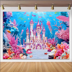 Lofaris Pinkes Prinzessinnen Unterwasser-Schloss Fotohintergrund für Mädchen, mit Korallen und Delfinen, magische Kulisse für Studio