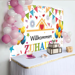 Lofaris Bunter Willkommens-Zuhause-Hintergrund mit Luftballons und Wimpeln, fröhliche Party Kulisse für Familienfeier und Fotostudio