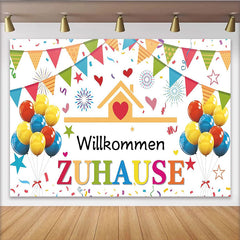 Lofaris Bunter Willkommens-Zuhause-Hintergrund mit Luftballons und Wimpeln, fröhliche Party Kulisse für Familienfeier und Fotostudio