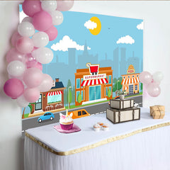 Lofaris Bunter Cartoon-Stadtlandschaft Hintergrund mit Supermarkt, Café und Autos, lebendige Fotokulisse für Kinderpartys und Events