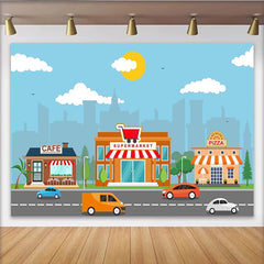 Lofaris Bunter Cartoon-Stadtlandschaft Hintergrund mit Supermarkt, Café und Autos, lebendige Fotokulisse für Kinderpartys und Events