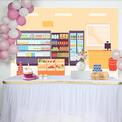 Lofaris Cartoon Supermarkt Fotohintergrund mit Regalen und Kasse, lustige Kulisse für professionelle Fotoshootings und Events