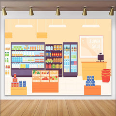 Lofaris Cartoon Supermarkt Fotohintergrund mit Regalen und Kasse, lustige Kulisse für professionelle Fotoshootings und Events