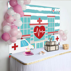 Lofaris Blau-weißer Krankenhaushintergrund mit Herzschlag und Krankenwagen, professionelle Fotowand für medizinische Events