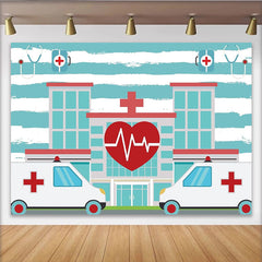 Lofaris Blau-weißer Krankenhaushintergrund mit Herzschlag und Krankenwagen, professionelle Fotowand für medizinische Events