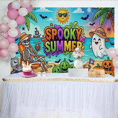 Lofaris Gruseliger Sommer Strand Hintergrund mit Skelett Geist, farbenfrohe Halloween Sommer Kulisse für lustige Strandparty Fotos