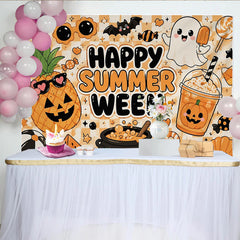 Lofaris Fröhlicher Sommerween-Partyhintergrund mit niedlichem Geist und Fledermaus, orange-karierte Kulisse für lustige Fotoshootings