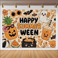 Lofaris Fröhlicher Sommerween-Partyhintergrund mit niedlichem Geist und Fledermaus, orange-karierte Kulisse für lustige Fotoshootings