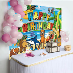 Lofaris Lustiger Strand-Geburtstagshintergrund mit Cartoon-Tieren, fröhliche Fotowand für Kinderpartys und Fotoshootings