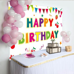 Lofaris Bunter Happy Birthday Fotohintergrund mit Girlanden und Früchten, fröhliche Kulisse für Kinderpartys und Fotoshootings