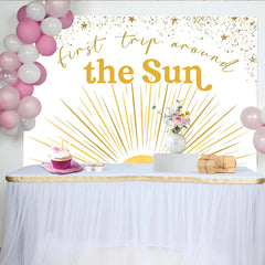 Lofaris Goldener 1. Geburtstag Hintergrund mit Sonne und Sternen, funkelnde Kulisse für Baby-Fotoshooting und Partydekoration