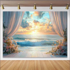 Lofaris Romantischer Strandhintergrund mit Sonnenuntergang, weißen Vorhängen und Blumen, elegante Kulisse für Hochzeitsfotografie