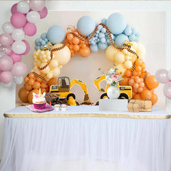 Lofaris Baustellen-Geburtstagshintergrund für Jungen mit Baggern und bunten Luftballons, fröhliche Fotokulisse für Kinderpartys