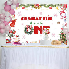 Lofaris Weihnachtsgeburtstagshintergrund zum 1. Geburtstag, festliche Kulisse mit Weihnachtsmann und Schneemann für Babys
