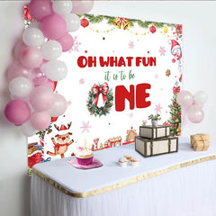 Lofaris Weihnachtsgeburtstagshintergrund zum 1. Geburtstag, festliche Kulisse mit Weihnachtsmann und Schneemann für Babys