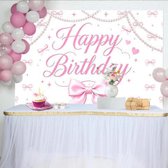 Lofaris Rosa Happy Birthday Geburtstagshintergrund für Mädchen, elegante Kulisse mit Perlen und Schleifen für Fotostudio