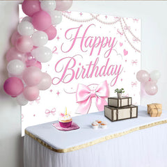 Lofaris Rosa Happy Birthday Geburtstagshintergrund für Mädchen, elegante Kulisse mit Perlen und Schleifen für Fotostudio