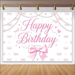 Lofaris Rosa Happy Birthday Geburtstagshintergrund für Mädchen, elegante Kulisse mit Perlen und Schleifen für Fotostudio