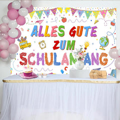 Lofaris Bunter Schulanfangshintergrund mit Schulbus für Kinder, farbenfrohe Fotowand für die Einschulungsparty