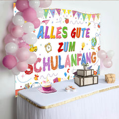 Lofaris Bunter Schulanfangshintergrund mit Schulbus für Kinder, farbenfrohe Fotowand für die Einschulungsparty
