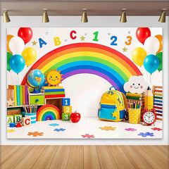 Lofaris Bunter Regenbogen-Schulhintergrund mit ABC und 123 Zahlen, fröhliche Fotowand für Kinder und Lernspiele
