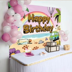 Lofaris Bunter Happy Birthday Strand-Hintergrund mit Cartoon-Tieren, verspielte Kulisse für Kinder-Fotoshootings und Party-Deko