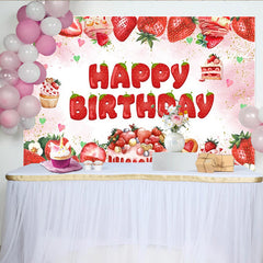 Lofaris Süßer Erdbeer-Geburtstagshintergrund mit Happy Birthday Schriftzug, bezaubernde Fotowand für Mädchen Party und Fotoshootings