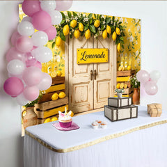 Lofaris Gelber Limonadenstand-Fotohintergrund mit Zitronen und Blumen, charmante Sommerkulisse für Partydekoration und Fotoshooting