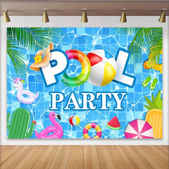 Lofaris Blauer Sommer-Poolparty-Fotohintergrund mit Schwimmreifen und Palmen, fröhliche Dekoration für Fotoshootings