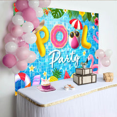 Lofaris Farbenfroher Poolpartyhintergrund mit Luftmatratzen und tropischen Blumen, sommerlicher Fotohintergrund für Fotoshooting