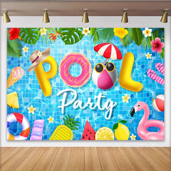 Lofaris Farbenfroher Poolpartyhintergrund mit Luftmatratzen und tropischen Blumen, sommerlicher Fotohintergrund für Fotoshooting