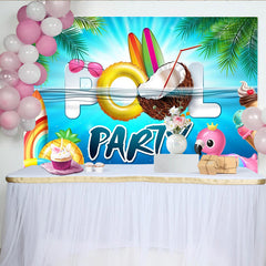 Lofaris Sommerlicher Poolparty-Hintergrund mit Surfbrettern und Flamingos, lebendige Fotokulisse für Sommerfeste und Strandpartys