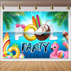 Lofaris Sommerlicher Poolparty-Hintergrund mit Surfbrettern und Flamingos, lebendige Fotokulisse für Sommerfeste und Strandpartys